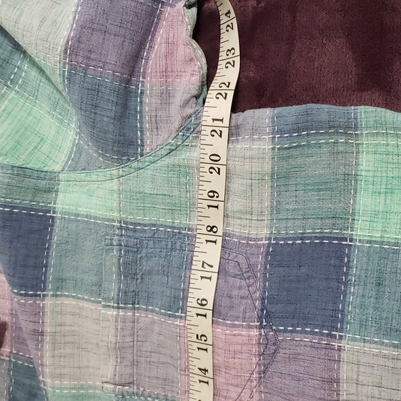 Keren Hart. Teal/Blue/Purple/Pink Plaid; Button up; Short Sleeve Top Size XL EUC - Picture 9 of 15